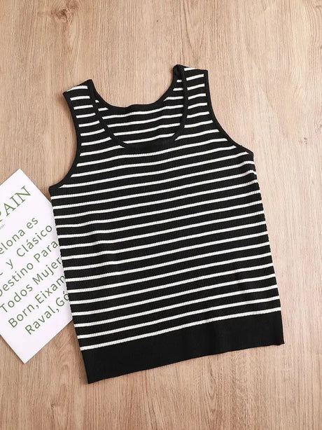 Top Women's loose-fitting striped, spicy Casual Sleeveless Top with round neckline and off-the-shoulder outdoor tank top, summer - Lootquake
