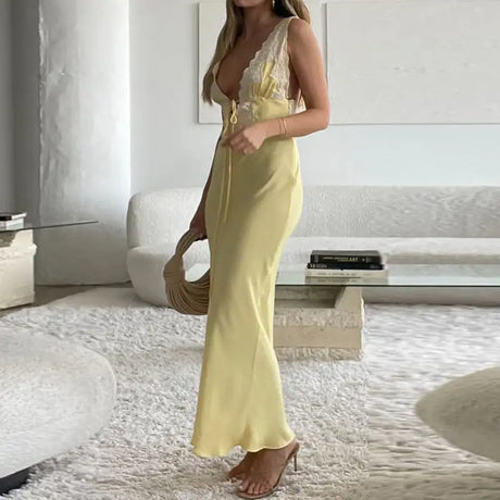 Y2K Chic Women Lace Trim Long Dress 90s Vintage Sexy V Neck Tie Up Backless Bodycon Elegant Lady Club Party Night Cocktail Dress - Lootquake