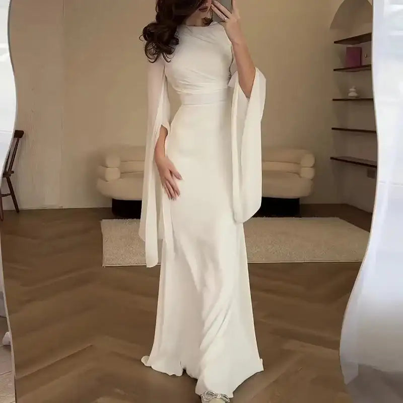 Fashion Satin Solid Robe Dress Ladies Temperament O-neck Slim Evening Dress Elegant Batwing Sleeves High Waist Pleats Long Dress - Lootquake