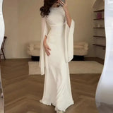 Fashion Satin Solid Robe Dress Ladies Temperament O-neck Slim Evening Dress Elegant Batwing Sleeves High Waist Pleats Long Dress - Lootquake