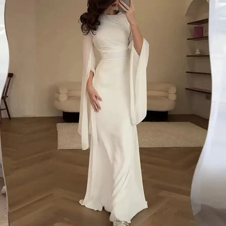 Fashion Satin Solid Robe Dress Ladies Temperament O-neck Slim Evening Dress Elegant Batwing Sleeves High Waist Pleats Long Dress - Lootquake
