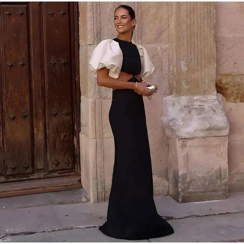 Elegant Puff Sleeve Long Dress For Women 2025 Sexy Hollow Out Waist Evening Party Dresses Female Vacation Lady Chic Beach Robe - Lootquake