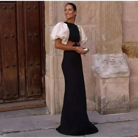 Elegant Puff Sleeve Long Dress For Women 2025 Sexy Hollow Out Waist Evening Party Dresses Female Vacation Lady Chic Beach Robe - Lootquake