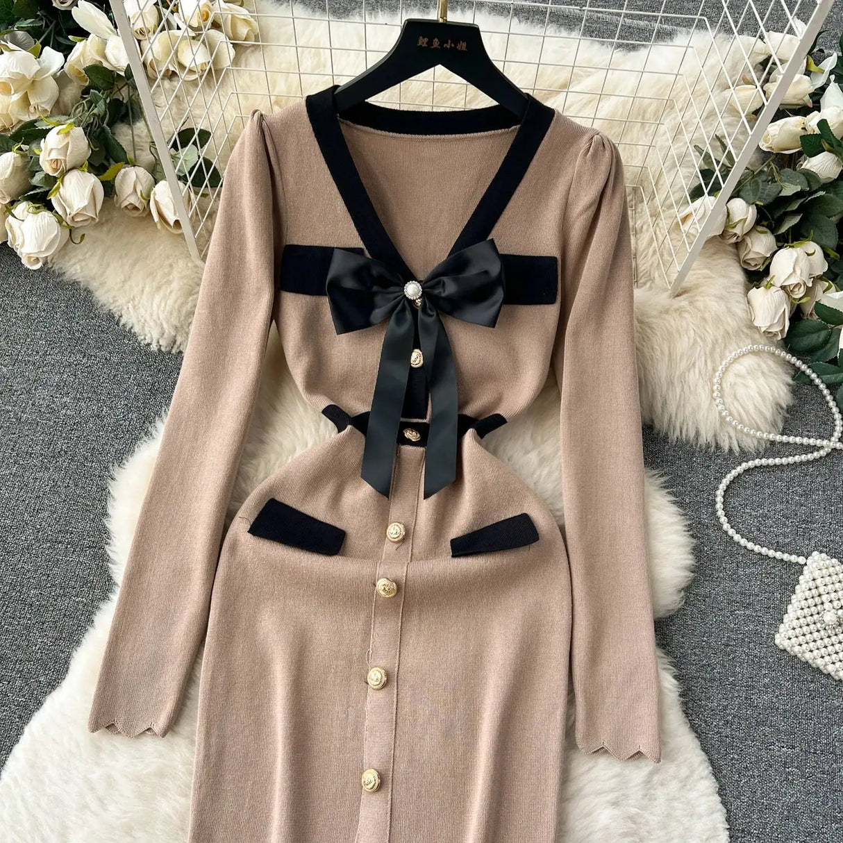 SINGREINY Office Lady Sweater Long Dress 2023 Bow Single Breasted Elastic Split Women Autumn Dress Fashion Senior Knitted Dress