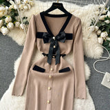 SINGREINY Office Lady Sweater Long Dress 2023 Bow Single Breasted Elastic Split Women Autumn Dress Fashion Senior Knitted Dress