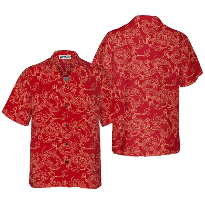 All Over Print Flame Dragon Pattern Hawaiian Shirts For Men Summer Short Sleeve Button Up Beach Shirts Blouse Mens Streetwear - Lootquake