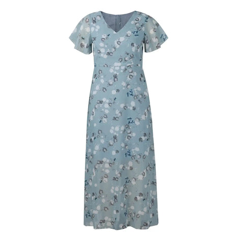 Vestidos Verano Moda 2024 Women's Swing Long Dress Chiffon Floral Short Sleeve Ruffle V Neck Fashion Waist Flowy Dress платье - Lootquake