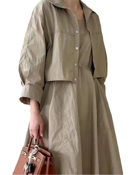 LANMREM 2 Pieces Sets For Women Suspender Long Dress With Sleeves Coat Female Casual Clothing 2024 Summer New 2DA6550 - Lootquake