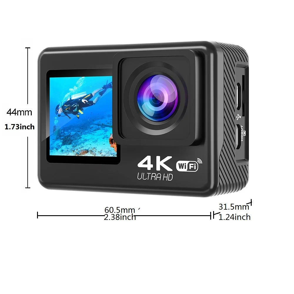 Cámara de acción 4K/30FPS con pantalla dual, cámara subacuática impermeable con control remoto, WiFi, grabadora de video deportiva para casco