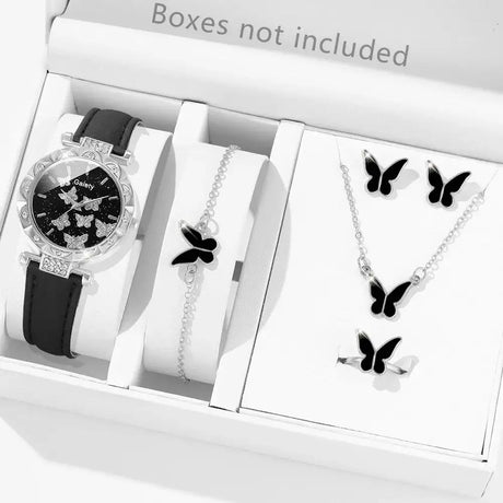 6PCS/Set Women Watch Set Rhinestone Quartz Wristwatch Butterfly Element Dial Watch Set Butterfly Jewelry Set Gift For Girls - Lootquake