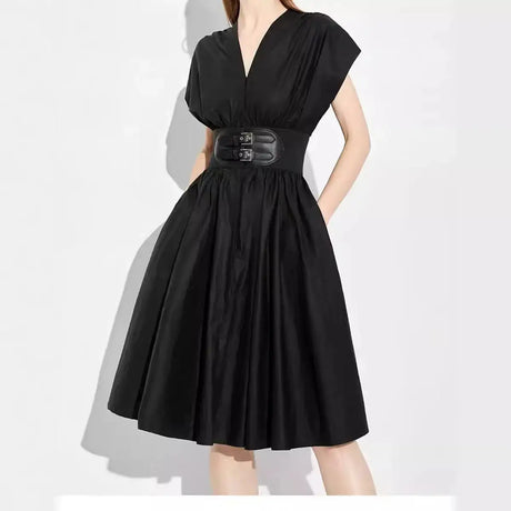 CHCH Women's Long Dress 2024 Summer New V-neck Sleeveless High Waist Slim Black Business Party Women's Wear - Lootquake