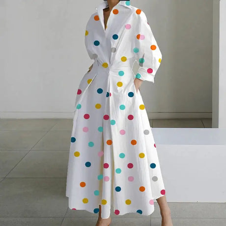Autumn Dress Long Sleeve Dot Print Elegant Maxi Dresses For Women 2023 White Casual V Neck Shirt Party Long Dress Robe Femme - Lootquake