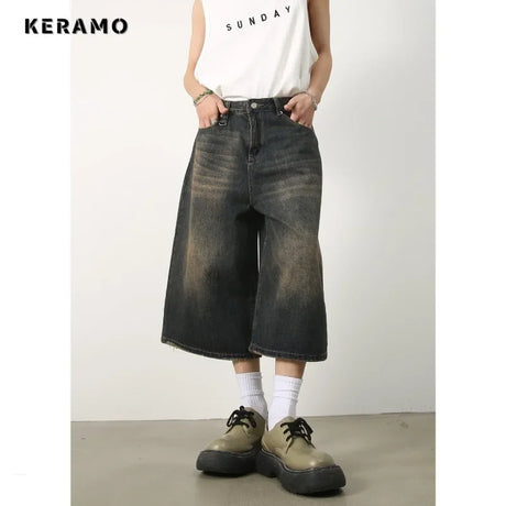 Women's Retro Wide Leg Baggy Casual Denim Shorts Harajuku Aesthetic High Waist Loose Shorts 2024 Summer Fashion Punk Shorts - Lootquake