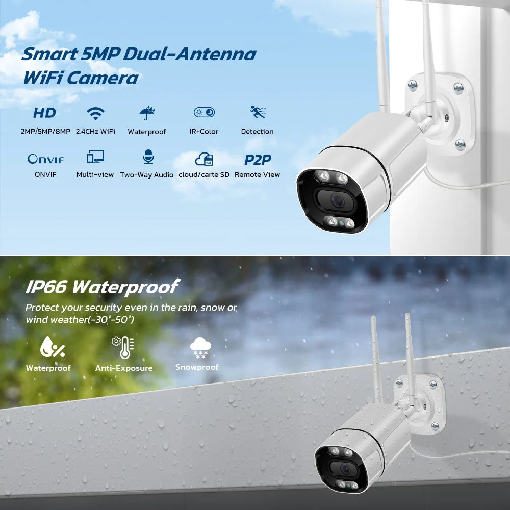 Caméra IP WiFi étanche Onvif sans fil, caméra de sécurité Bullet H.265, détection humaine, vision nocturne, surveillance extérieure CCTV Xmeye