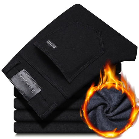 2024 New Winter Pure Black Fleece Thick Warm Jeans Men's loose Straight Elastic Denim Pants classics Casual Plush Trousers - Lootquake