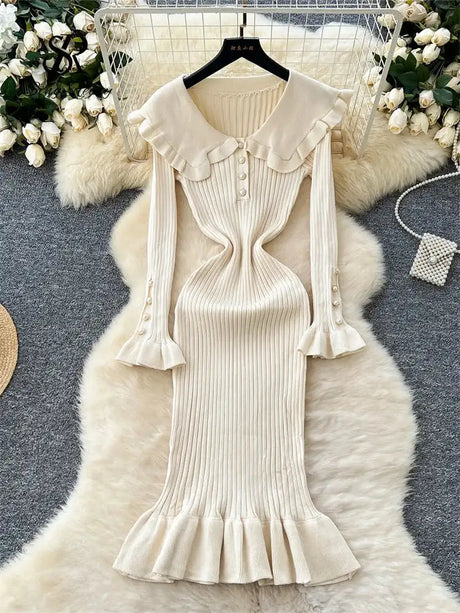 SINGREINY 2024 Hotsweet Slim Autumn Dress Women Peter pan Collar Long Sleeves Patchwork Preppy Style Mermaid Sweater Long Dress - Lootquake