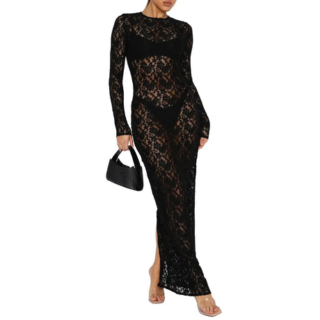 Women s Lace Long Dress Vintage Long Sleeve Round Neck Solid Color Bodycon Dress Party Gown - Lootquake