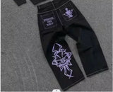 American Retro Jeans Y2K Men Women Harajuku Hip Hop Gothic Retro Pocket Embroidered Blue Baggy Jeans Low Waist Wide Leg Trousers - Lootquake