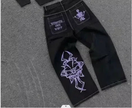 American Retro Jeans Y2K Men Women Harajuku Hip Hop Gothic Retro Pocket Embroidered Blue Baggy Jeans Low Waist Wide Leg Trousers - Lootquake