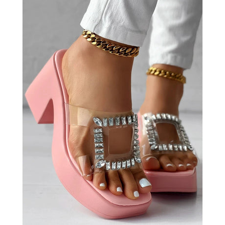 Sandals Women Clear Strap Chunky Heeled Sandals Women Platform Wedges High Heels Shoes Flip Flops Beach Slippers Dress Crystal - Lootquake