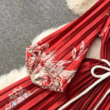 Spring Holiday Print Long Dress For Women Fashion Loose Lantern Sleeve Party Robe Female Big Swing Tassels Belt Pleated Clothes