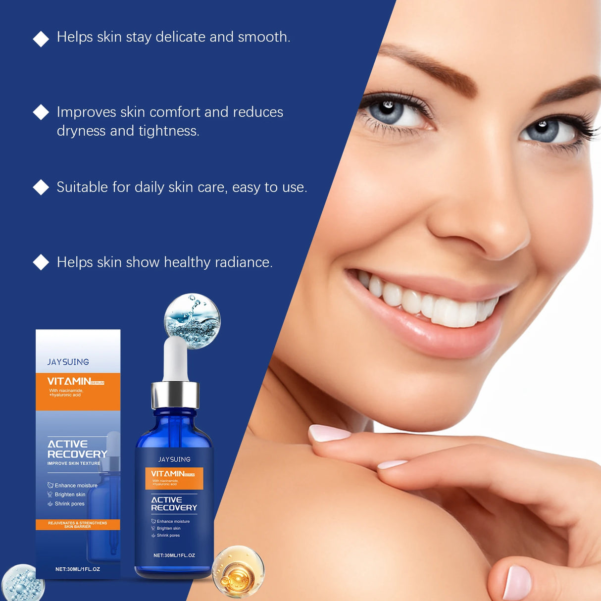 Suero facial con vitamina C y ácido hialurónico, nicotinamida, aclara manchas oscuras, opacidad, hidrata, reduce poros, antienvejecimiento y cuidado de la piel.