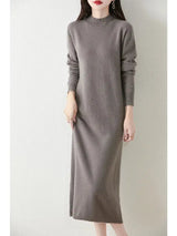 Autumn Winter Women's Wool Long Dress Cashmere Mock Neck Pullover Sweater 100% Merino Wool Soft Knitwear OL Simple Basic Dress - Lootquake
