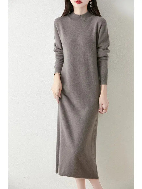 Autumn Winter Women's Wool Long Dress Cashmere Mock Neck Pullover Sweater 100% Merino Wool Soft Knitwear OL Simple Basic Dress - Lootquake