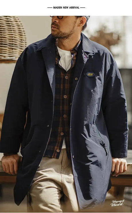 Maden Men's Vintage Balmacaan Waterproof Windbreaker Coat Single-Breasted Mid-Length Classic Collar Jacket for Spring and Autumn - Lootquake
