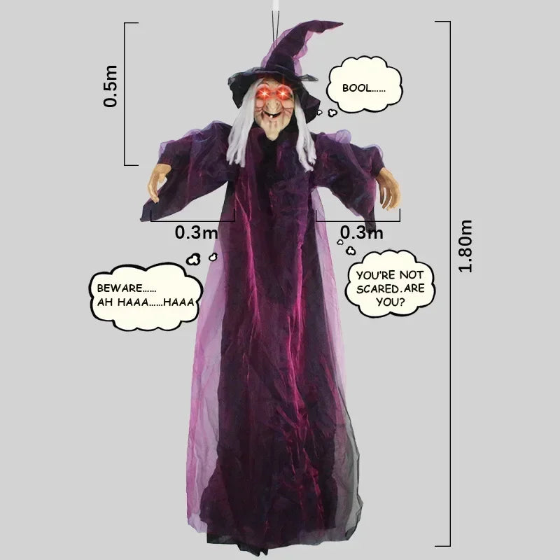 Halloween Hanging Witch Decor Skeleton with Sound Glowing Red Eyes Scary Talking Witch Halloween Decorations Haunted House Props