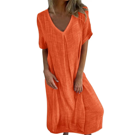 Cotton Linen Short Sleeve Loose Dress 2024 Summer Women's V-neck High Waist Long Dress Vintage Solid Color Straight Beach Dress - Lootquake