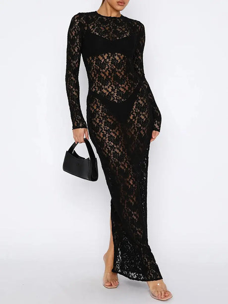 Women s Lace Long Dress Vintage Long Sleeve Round Neck Solid Color Bodycon Dress Party Gown - Lootquake