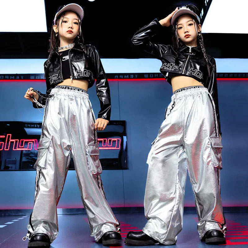Girls Jazz Dance Hip Hop Outfit Child Model Catwalk Stage Dance Show Costume Black Navel Top White Trousers - Lootquake