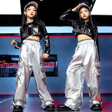 Girls Jazz Dance Hip Hop Outfit Child Model Catwalk Stage Dance Show Costume Black Navel Top White Trousers - Lootquake