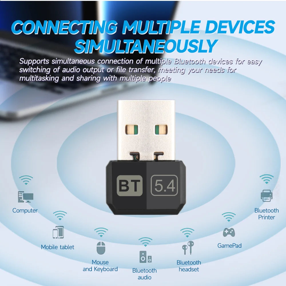 Adaptador USB Bluetooth 5.4 5.3 Dongle para PC, altavoz, ratón inalámbrico, teclado, música, audio, receptor, transmisor, unidad gratuita