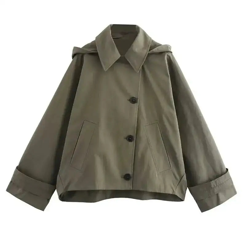 Autumn Winter Army Green Windbreaker Jacket Women Streetwear Loose Oversize Hooded Overcoat Female Single Breasted Thicken Coat - Lootquake