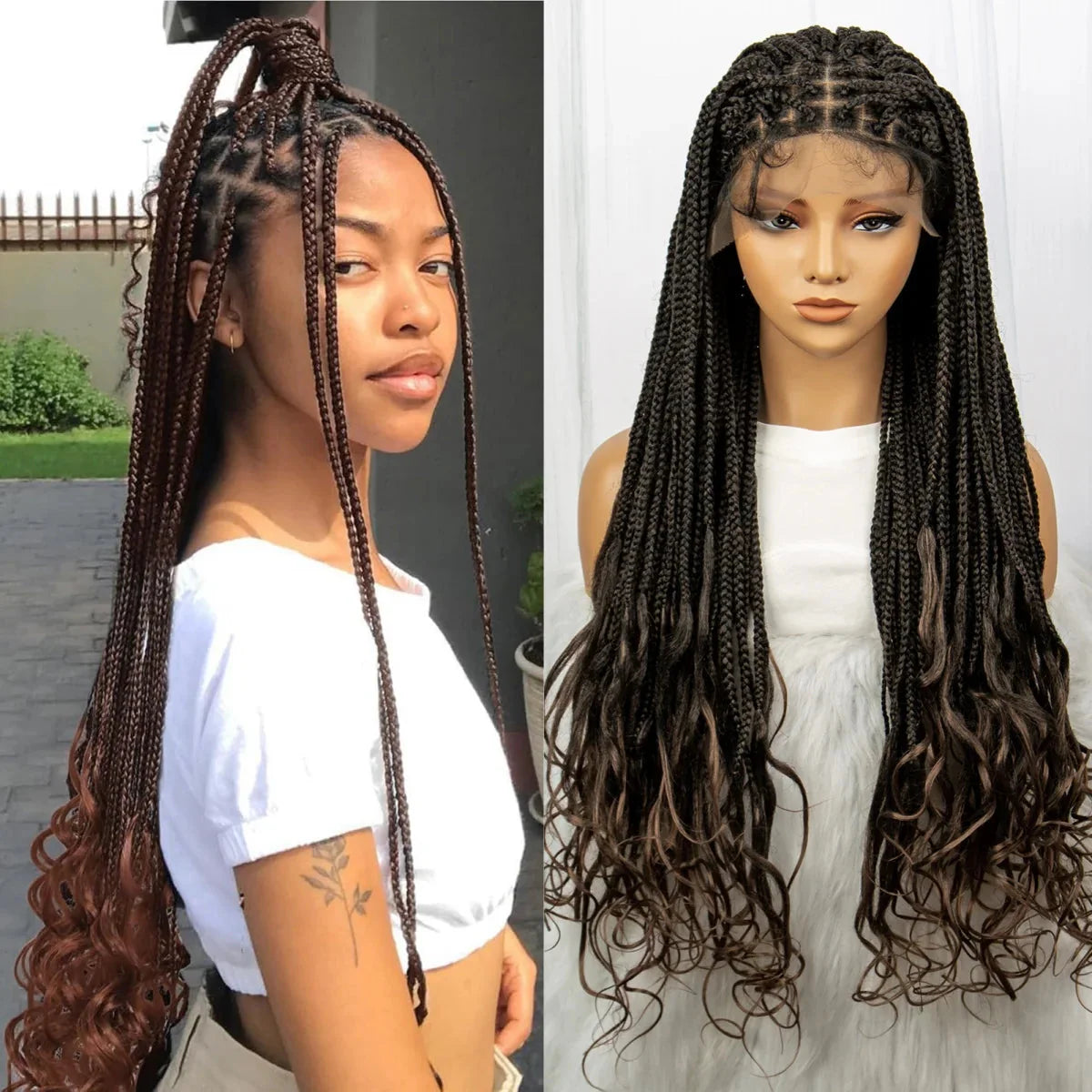 36 Inch Synthetic Braided Wigs Knotless Boho Braided Lace Wigs with Curly Ends Lace Front Braiding Hair Wig for Black Women