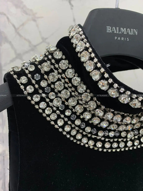 Women Heavy Rhinestone Bead Sexy Backless High Neck Waist Bag Hip Slimming Velvet Long Dress - Lootquake