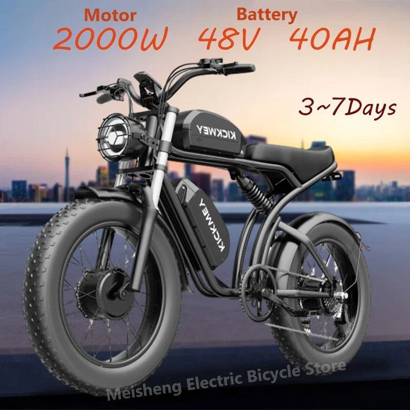 Bicicleta eléctrica K7 de 2000 W, 48 V, 40 Ah, motor dual máximo, batería dual, motocicleta eléctrica todoterreno de 20 pulgadas con neumáticos anchos, 7 velocidades