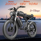 Bicicleta eléctrica K7 de 2000 W, 48 V, 40 Ah, motor dual máximo, batería dual, motocicleta eléctrica todoterreno de 20 pulgadas con neumáticos anchos, 7 velocidades