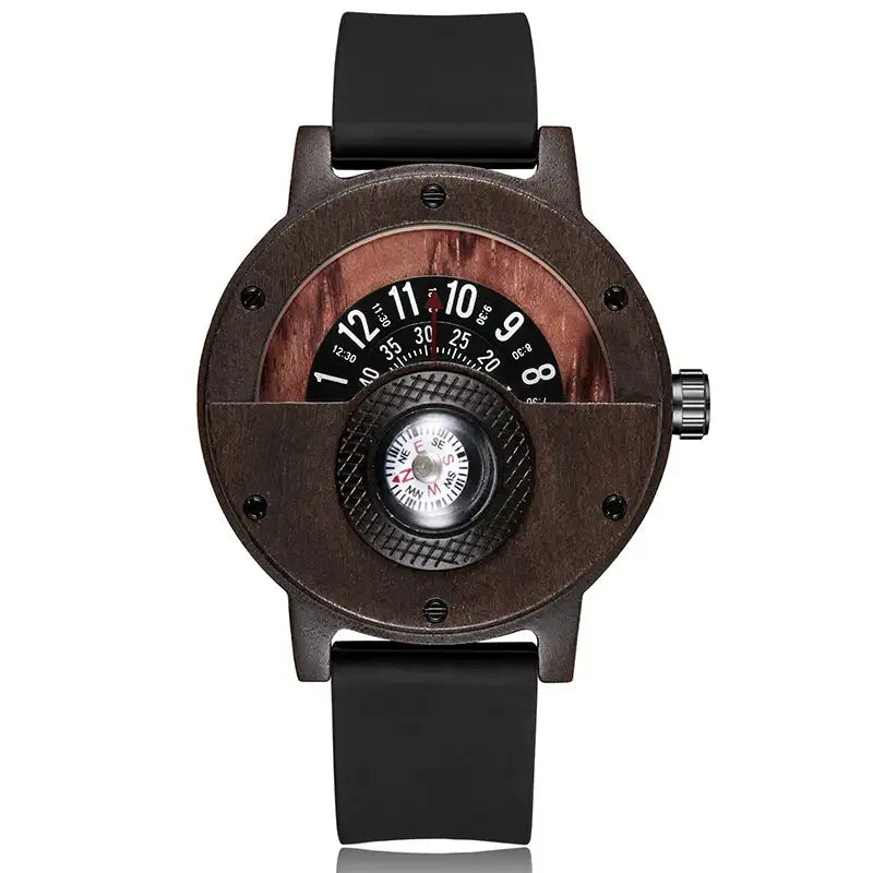 Reloj de madera natural para hombre, con brújula y esfera giratoria, de madera de nogal, ébano y bambú, de cuarzo, color marrón