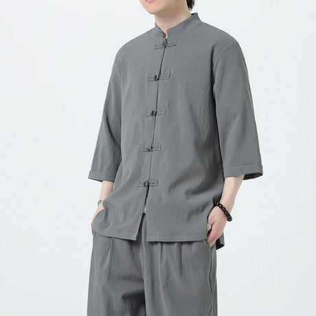 Men Chinese Style Hanfu Shirt 3/4 Sleeve Mens Loose Tops Tang Suit Solid Traditional Kung Fu Shirts Male Chinese Shirts M-5XL - Lootquake