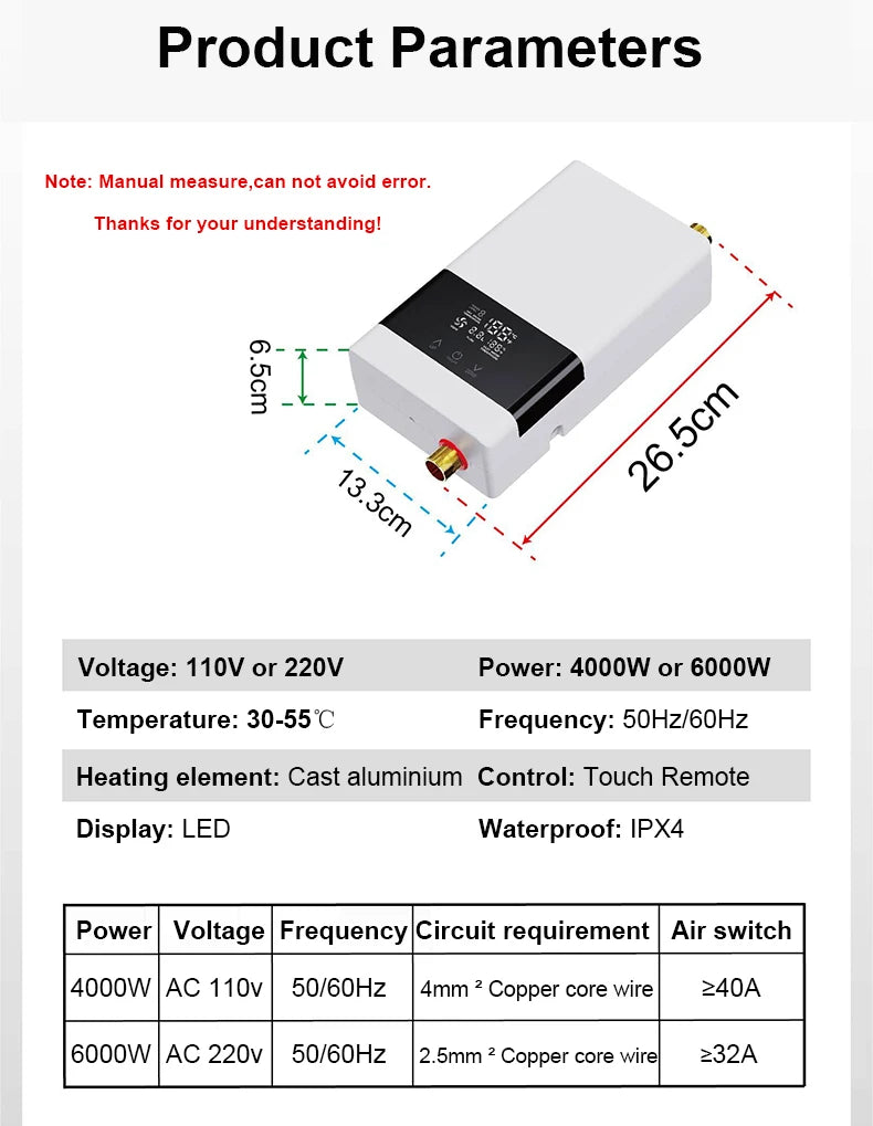 Calentador de agua eléctrico instantáneo sin tanque, control remoto, grifo de cocina, grifo de baño, ducha, ajuste de temperatura