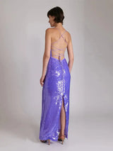 New Sexy Sleeveless Backless Lace-up Slim Long Dress Summer Elegant Pleated Backless Bright Sequins Dress Luxury Evening Dresses - Lootquake