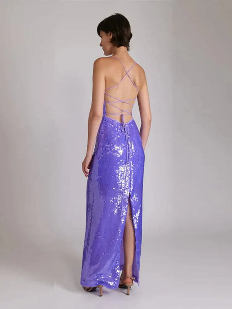 New Sexy Sleeveless Backless Lace-up Slim Long Dress Summer Elegant Pleated Backless Bright Sequins Dress Luxury Evening Dresses - Lootquake
