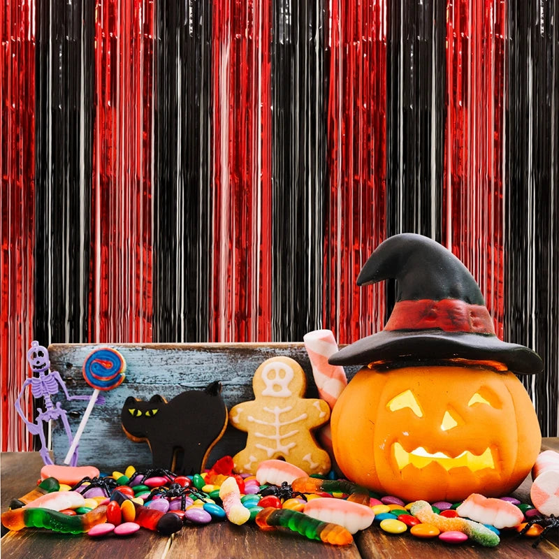 1x2m Halloween Recoration Black And Red Orange Foil Tassel Rain Silk Curtain Metallic Streamers Halloween Party Decor Supplies