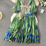 Spring Holiday Print Long Dress For Women Fashion Loose Lantern Sleeve Party Robe Female Big Swing Tassels Belt Pleated Clothes - Lootquake