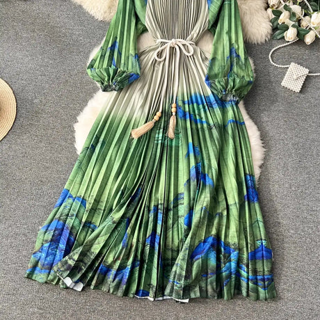 Spring Holiday Print Long Dress For Women Fashion Loose Lantern Sleeve Party Robe Female Big Swing Tassels Belt Pleated Clothes - Lootquake