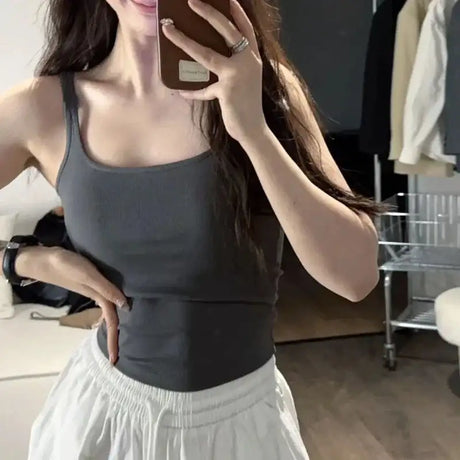 Solid All-Match Invisible Integrated Chest Pad Cami 2024 Spring New Korean Women clothes Short Sleeveless Top - Lootquake
