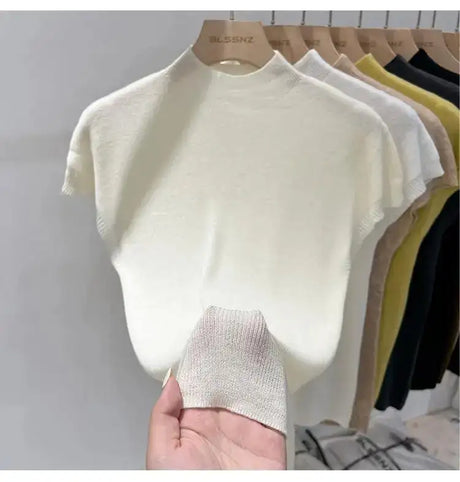 Half High Collar T-shirts Flying Sleeve Design Slim Knitted Sleeveless Top Women Simple Comfortable White T-shirts Summer 2025 - Lootquake